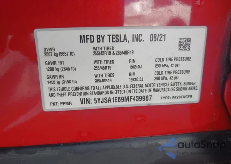 2021 Tesla Model S Plaid Tri Motor All-Wheel Drive из США, поврежденный, VIN 5YJSA1E69MF439987